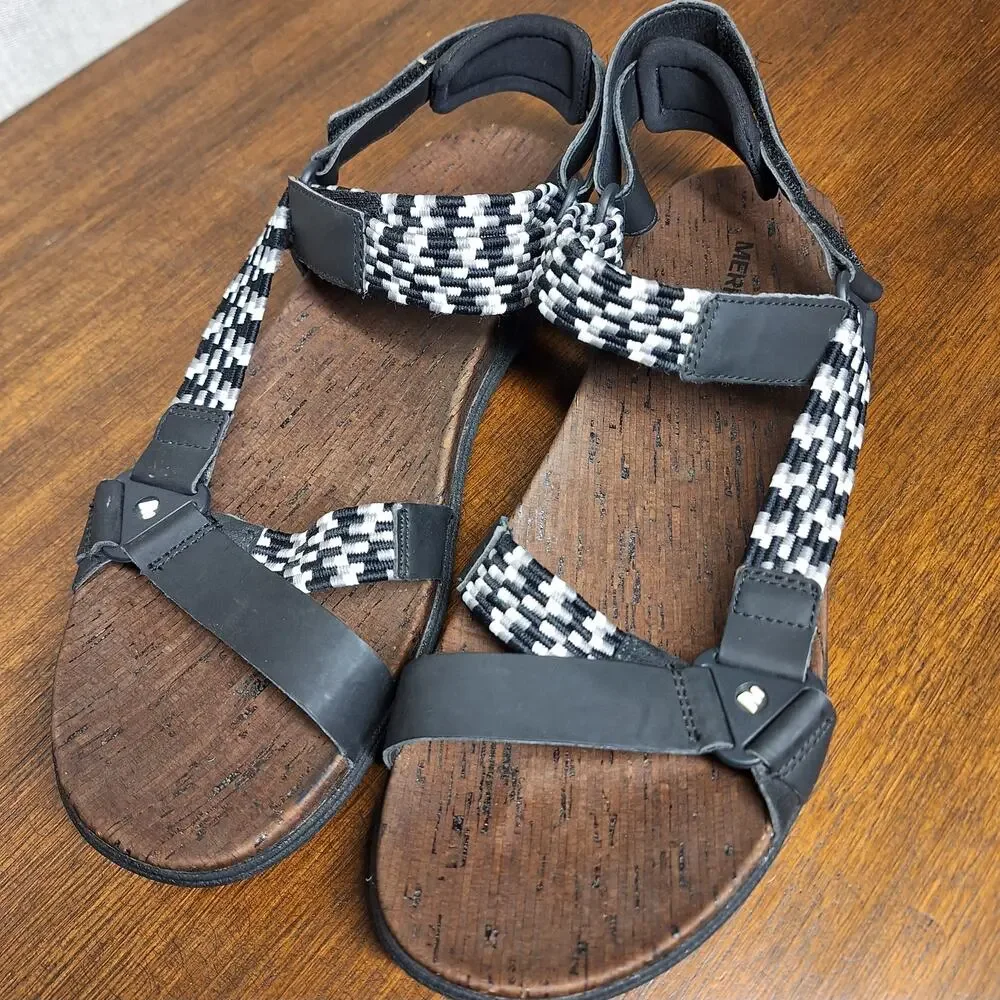 Merrell around town sunvue woven strap sandals hiking comfort beach black/white
